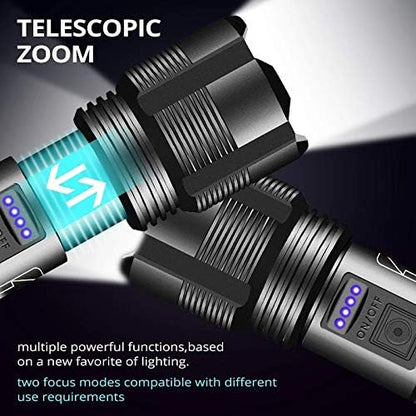 Tactical Flashlight - USB Rechargeable, 6000 Lumen XHP70.2 LED, 5 Modes, Zoomable, Power Indicator, USB Output