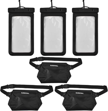 JSCARLIFE Waterproof Phone Pouch Fanny Pack (6 Pack), Waterproof Bag for Cruise Boating Swimming Snorkeling Kayaking Beach Poo Accessories, Waterproof Case Water Protector Waist Pouch for Women Men