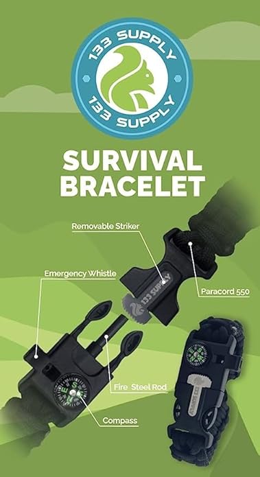 Adjustable Paracord Bracelet Compass Hiking Survival Whistle Loud, Emergency Fire Starter Kit, Camping Accessories Fishing Hunting EDC Backpacking Gear, Tactical Survival Gear and Equipment