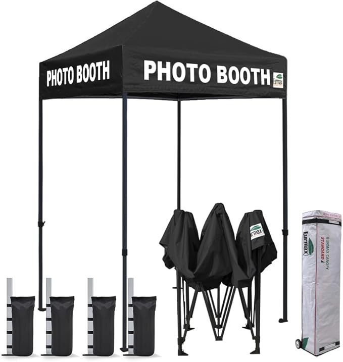 Eurmax USA Printed 5x5 Pop Up Canopy Tent Commercial Instant Canopies with Heavy Duty Roller Bag,Bonus 4 Sand Weights Bags (Printed Black)