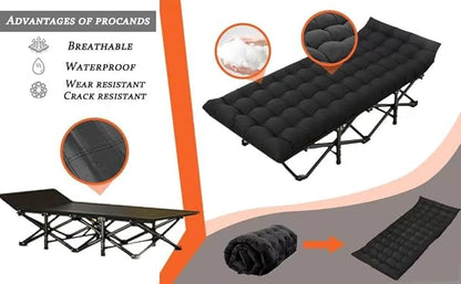 Camping Cot, Folding Cot Camping Cots for Adults Portable Folding Outdoor Bed with Mat and Carry Bag, Heavy Duty Sleeping Cots for Outdoor Travel Camp Beach Vacation (Black)