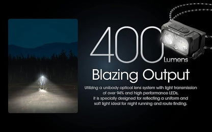 Nitecore NU25 400 UL Ultra Lightweight Headlamp, 400 Lumen USB-C Rechargeable with Lumentac Organizer for Back Packing, Camping and Running (Black)