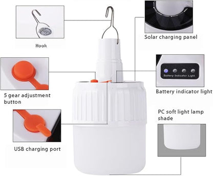 LED Camping Tent Solar Lantern Bulb Lights 5 Mode USB Rechargeable with Remote Control Portable Hanging Outdoor Fishing Emergency Courtyard Garden 4 Power Display Outdoor 2 Pack