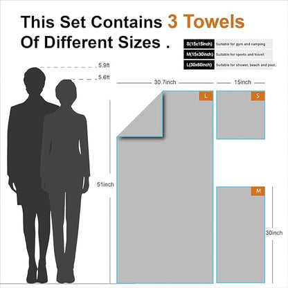 4Monster Camping Towels 3 Size at 1 Pack,Quick Dry Microfiber Towel,Beach Travel Towel Ultra Compact,Soft Gym Towel for Hiking Yoga Travel Sports Backpacking Trip and Pool