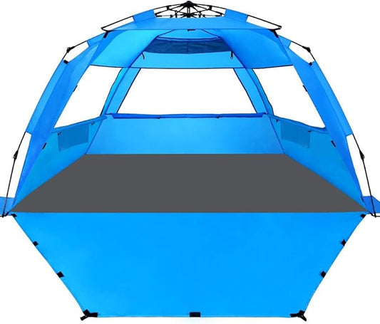 WhiteFang Deluxe Pop Up Beach Tent Sun Shade Shelter for 3-4/5-6 Person, UV Protection, Extendable Floor with 3 Ventilating Windows Plus Carrying Bag, Stakes, and Guy Lines