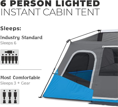 CORE Instant Cabin Tents with LED Lights | 6 Person / 9 Person / 12 Person Family Multi Room Lighted Pop Up Tents for Camping | Included Storage Pockets for Camping Accessories