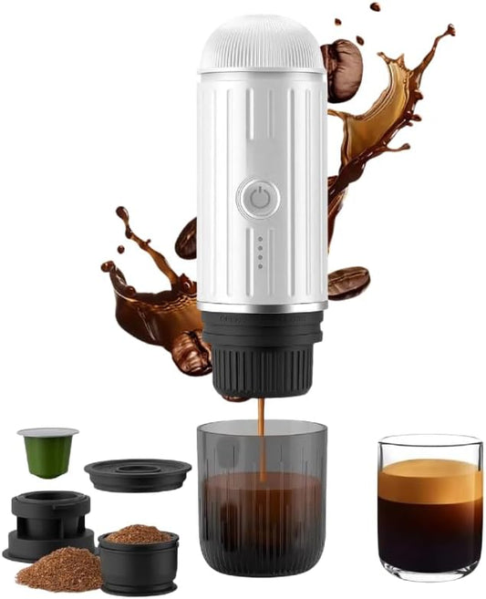 Portable Espresso Machine with Self-heating, 12V 7500mAh Rechargeable Electric Coffee Machine 19 Bar Compatible with NS Capsules and Ground Coffee for Car Camping Travelling, White