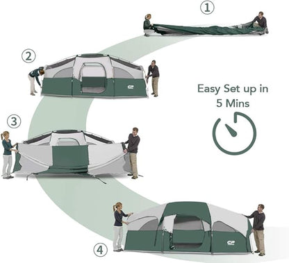 CAMPROS CP Tent 8 Person Camping Tents, Weather Resistant Family Tent, 5 Large Mesh Windows, Double Layer, Divided Curtain for Separated Room, Portable with Carry Bag