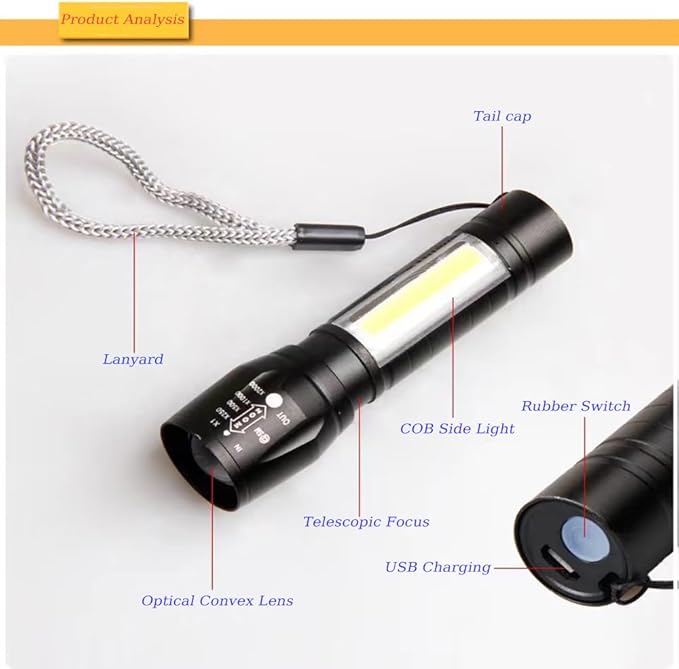 Mini Flashlights Rechargeable LED-Small Flashlights Powerful USB Rechargeable Flashlight Adjustable Focus,Portable Waterproof LED Flashlight with COB Side Lights Tactical Flashlight (2pack)