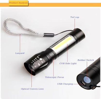 Mini Flashlights Rechargeable LED-Small Flashlights Powerful USB Rechargeable Flashlight Adjustable Focus,Portable Waterproof LED Flashlight with COB Side Lights Tactical Flashlight (2pack)