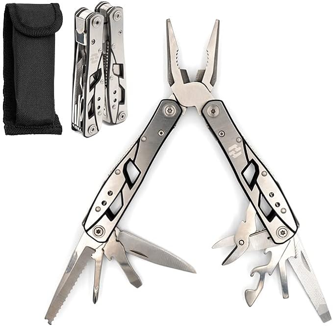 Multitool Plier - 12 In 1 Stainless Steel Pocket Multi Tool With Durable Sheath For Camping, Survival Gear - Safety Locking Camping Accessories With Cutter, Bottle Opener, Screwdriver by Hayvenhurst