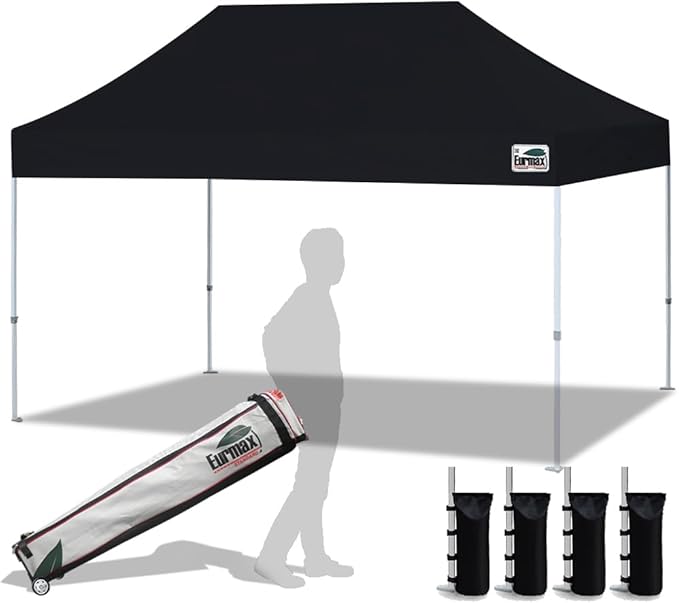 Eurmax USA 10'x15' Pop Up Canopy Tent Commercial Instant Canopies with Heavy Duty Roller Bag,Bonus 4 Sand Weights Bags (Black)