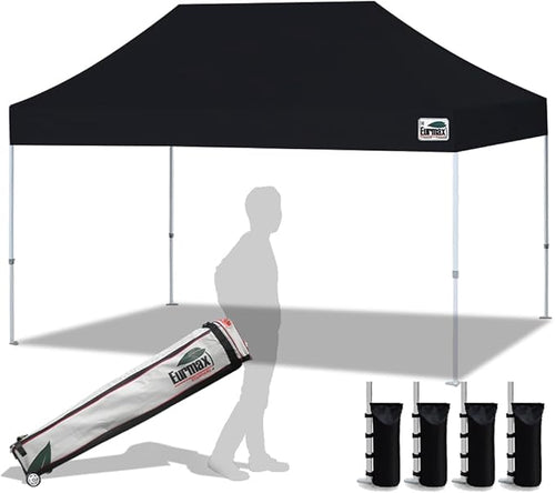 Eurmax USA 10'x15' Pop Up Canopy Tent Commercial Instant Canopies with Heavy Duty Roller Bag,Bonus 4 Sand Weights Bags (Black)
