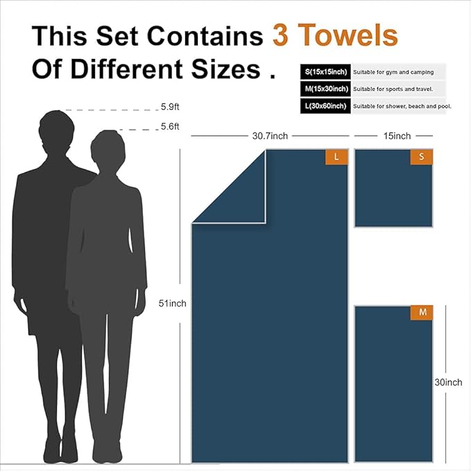 4Monster Camping Towels 3 Size at 1 Pack,Quick Dry Microfiber Towel,Beach Travel Towel Ultra Compact,Soft Gym Towel for Hiking Yoga Travel Sports Backpacking Trip and Pool