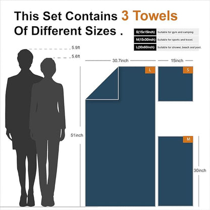 4Monster Camping Towels 3 Size at 1 Pack,Quick Dry Microfiber Towel,Beach Travel Towel Ultra Compact,Soft Gym Towel for Hiking Yoga Travel Sports Backpacking Trip and Pool