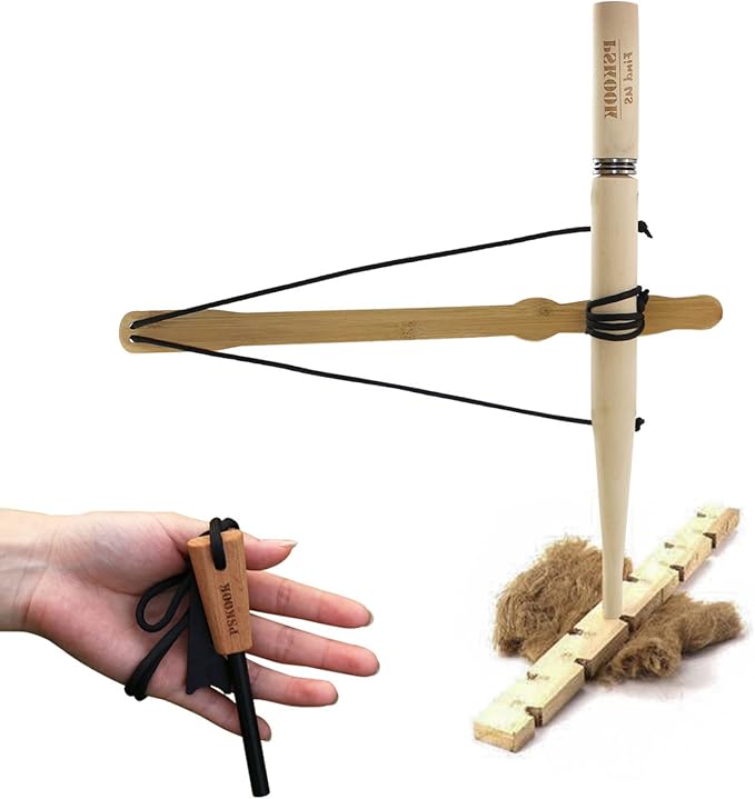 PSKOOK Bow Drill Kit Fire Starter, Primitive Wood, Survival Practice Friction Fire Tool for Scout Outdoor Activity Teaching, Outward Bound Training, Wildness Survival Beginner