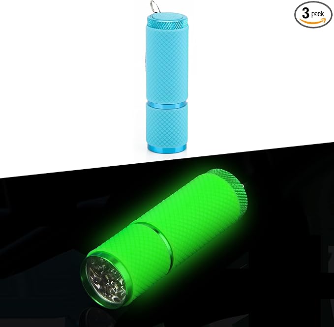 AHIER 9 LED Glow in Dark Flashlights, 3 Pack Rubber Coated Flashlights with Straps, Portable Handy Lights for Camping, Hiking, Indoor, Assorted Colors (Green+Blue)