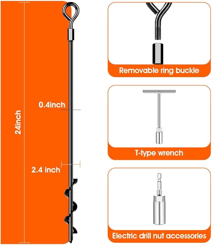 Ground Anchors 24“ Screw in Heavy Duty Ground Anchors,Tent Stakes for Camping Tent, Trampoline, Canopies, Carports, Sheds, Swing Sets, Black Anti-Rust Coating for High Wind (4 x 24“)