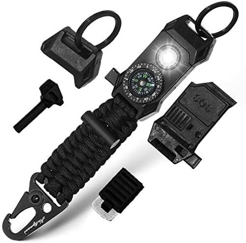 Men's Keychain | 11-in-1 LED Carabiner Lanyard Key Chain Fires Starter for Camping, Fishing, Hunting & Outdoor Emergencies Multipurpose Survival Tool Emergency Whistle, Flint Rod