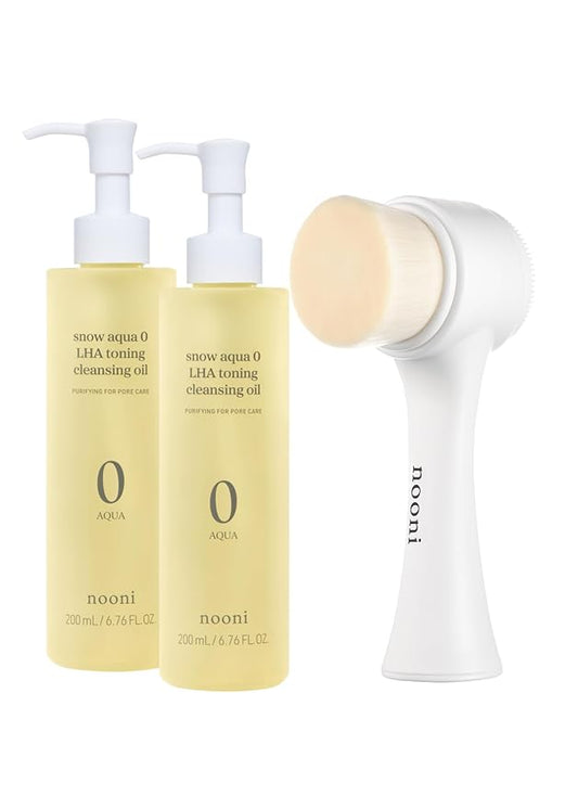 NOONI Cleansing Oil - Snow Aqua 0 LHA Toning Pore Care Korean Facial Oil Cleanser, 6.76 fl.oz (200 ml)*2EA + Pore Cleansing Tool - Manual Dual Brush Bundle