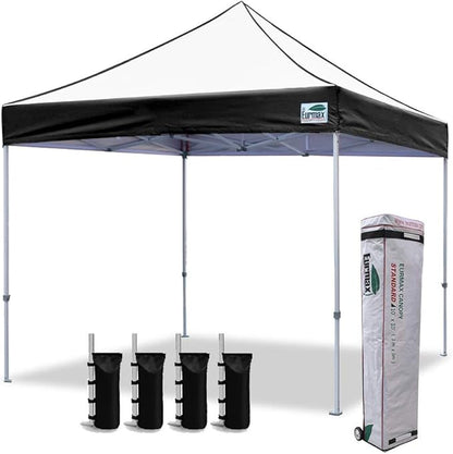 Eurmax USA Standard 10x10ft Patio Pop Up Canopy Tent for Outdoor Events Commercial Instant Canopies with Heavy Duty Roller Bag,Bonus 4 Canopy Sand Bags (Black&White)