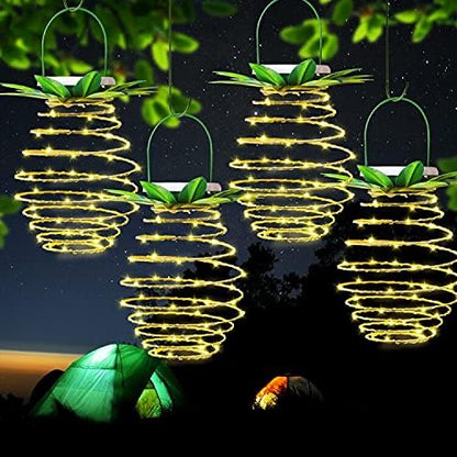 Tcamp 4 Pack 60 LED Solar Powered Pineapple Lights Outdoor Garden Patio Lights Decor, Outdoor Pineapple Lanterns Hanging Lights, Landscape Path Tree Lights (Dusk to Dawn Sensor/Warm White）