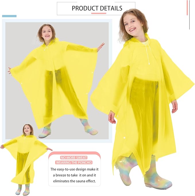 2 Pack Kids Rain Ponchos Reusable EVA Ponchos with Drawstring Hood, Waterproof Jacket for Boys and Girls