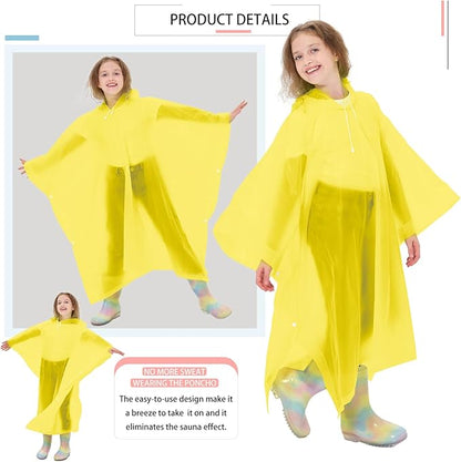 2 Pack Kids Rain Ponchos Reusable EVA Ponchos with Drawstring Hood, Waterproof Jacket for Boys and Girls