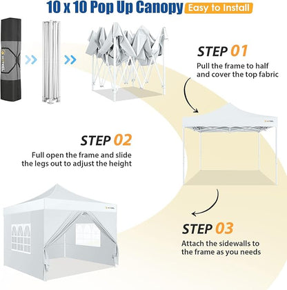 HOTEEL 10x10 Pop up Canopy Tent for Parties, Heavy Duty Easy Setup Tent with 4 Sidewalls, Outdoor Commercial Instant Gazebo for Wedding Event, with Portable Bag, White(Hexagonal Frame)