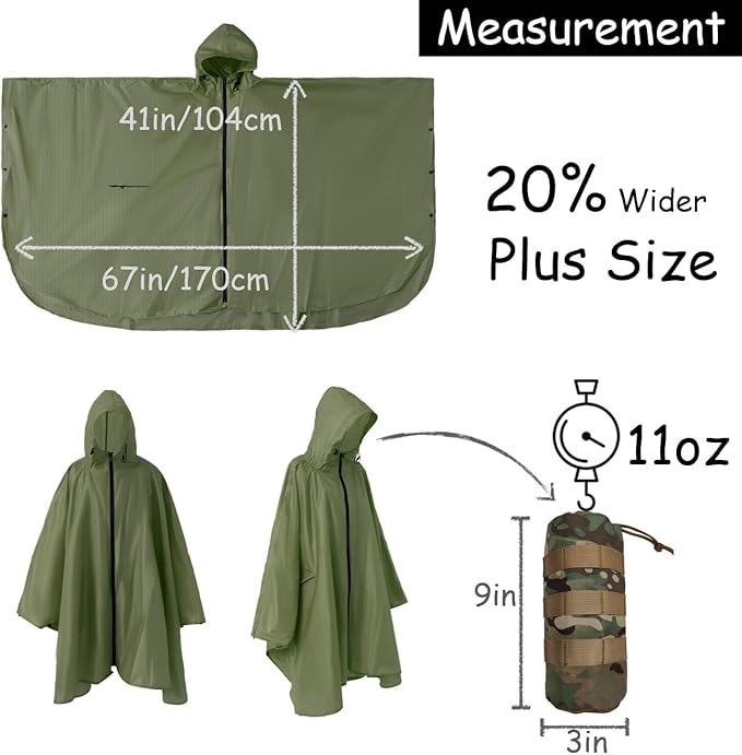 Plus Size Adult Rain Poncho with Hood and Zipper, Poncho Para Lluvia, Tactical Ponchos Adult For Camping, Hiking
