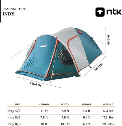 NTK Indy GT 4/6/8 Person Outdoor Tent for Camping | Extended Front & Canopy | 100% Waterproof Dome & Breathable Mesh | 3 Season Easy Setup Tent