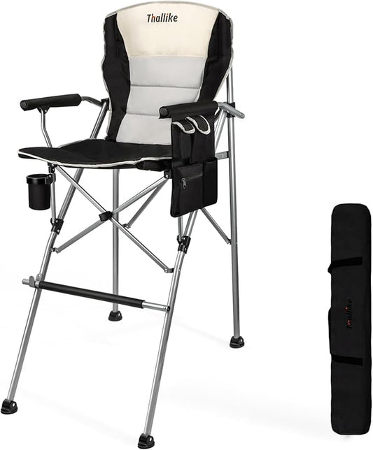 Foldable Directors Makeup Salon High Chair - Portable Camping Bar Height Folding Photoshoot Chairs with Stroage Bag Cup Holder Non-Slip Footrest, Supports 400 lbs Black Tall Director Chair