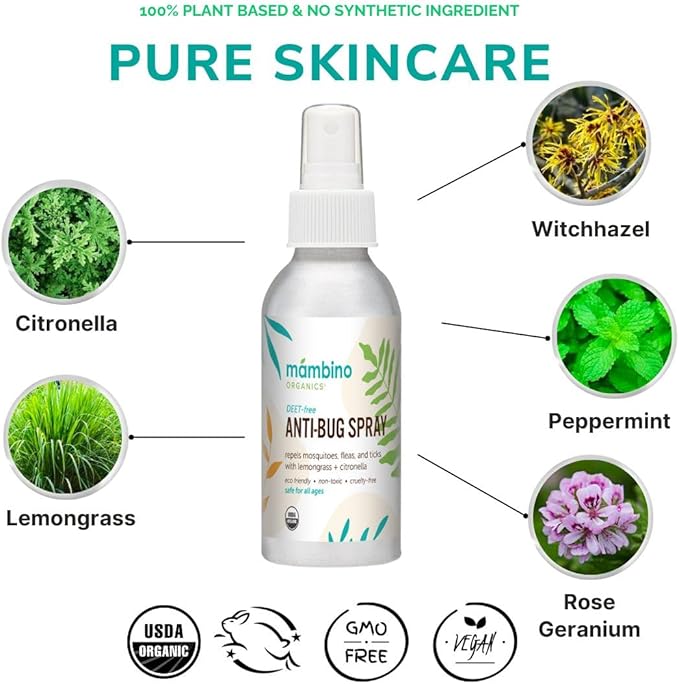Anti-Bug Spray DEET-Free – Organic, All-Natural Bug Spray Travel Size Made with Nourishing Essential Oils – Bug Repellent for Babies, Kids, Adults, Camping, & More by Mambino Organics, 2.7 Oz