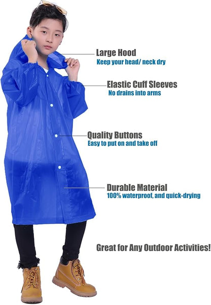 2 Pack Rain Ponchos for Kids, Reusable Kids Rain Jacket with Hood Waterproof Raincoats for Boys and Girls