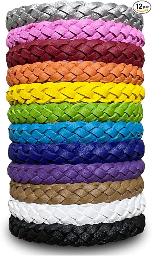 12 Pack Mosquito Repellent Bracelets, Solid Color Individually Wrapped Leather Insect & Bug Repellent Wrist Bands for Kids & Adults Outdoor Camping Fishing Traveling