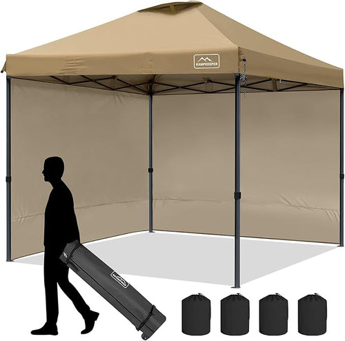 KAMPKEEPER 10x10 Pop Up Canopy Tent with 2 Sidewalls - Waterproof Outdoor Shelter for Sun Shade, Camping, Beach, Patio and Backyard Events, Khaki