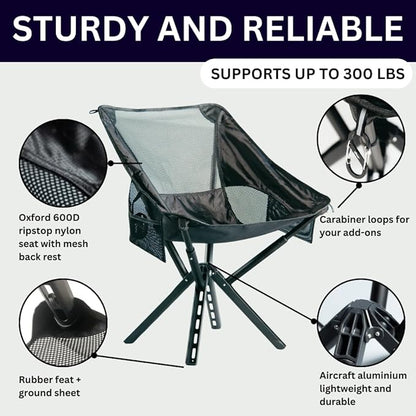 Campster2 Folding Camping Chair – Portable High Chair | 265 Lbs Capacity | Camping Essentials for Beach, Hiking & Car Camping | Compact Outdoor Chair with Carry Bag | Comfortable & Durable (Black)