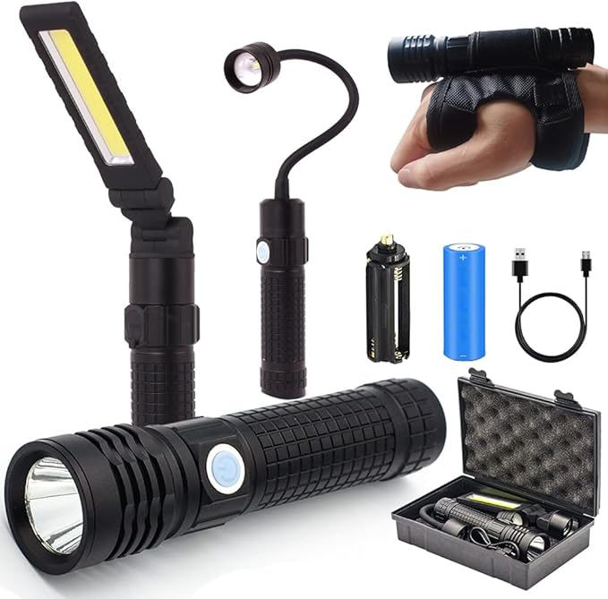 LED Work Lights Kit with Magnetic Base, Waterproof Slim Bar Light, Barbecue Flexible Goose Neck Lamp, 3 in 1 Rechargeable Riding Flashlights for Household Tool, Emergency,Camping and Auto Repair