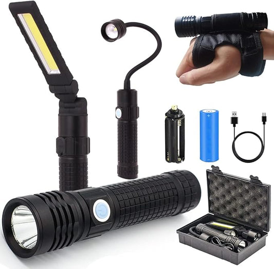 LED Work Lights Kit with Magnetic Base, Waterproof Slim Bar Light, Barbecue Flexible Goose Neck Lamp, 3 in 1 Rechargeable Riding Flashlights for Household Tool, Emergency,Camping and Auto Repair