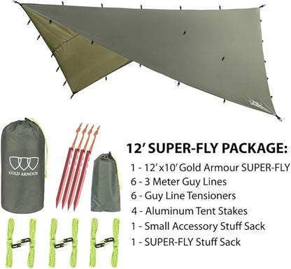 Gold Armour Rainfly Tarp Hammock, Premium 14.7ft/12ft/10ft/8ft Rain Fly Cover, Waterproof Ultralight Camping Shelter Canopy, Survival Equipment Gear Camping Tent Accessories (OD Green 12ft x 10ft)