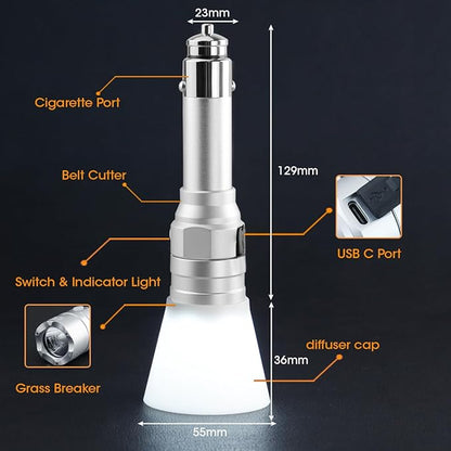 Small Flashlight Rechargeable with Diffuser 12 Volt Car Cigarette Lighter & USB C Charge for Auto Vehicles Emergency, Car Escape, Outdoors, Daily Use