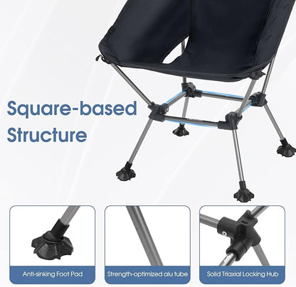 MOON LENCE Portable Camping Chair Plus Size, Folding Backpacking Beach Chair with Groundgrip Feet, Upgraded Comfort & Size, Still Compact and Lightweight for Hiking, 330Lbs Capacity (Black)
