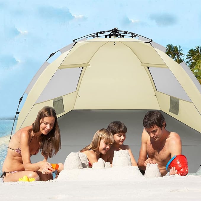 Oileus X-Large 4 Person Beach Tent Sun Shelter - Portable Sun Shade Instant Tent for Beach with Carrying Bag, Stakes, 6 Sand Pockets, Anti UV for Fishing Hiking Camping, Waterproof Windproof, Khaki