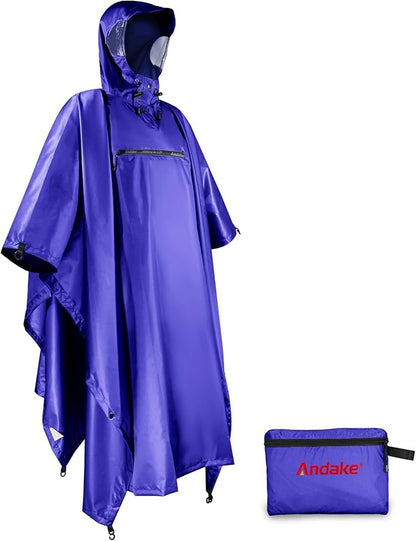 Andake Waterproof Rain Poncho for Adults Unisex,230T Ripstop Polyester,Raincoat Gear with Transparent Viewing Window Outdoors