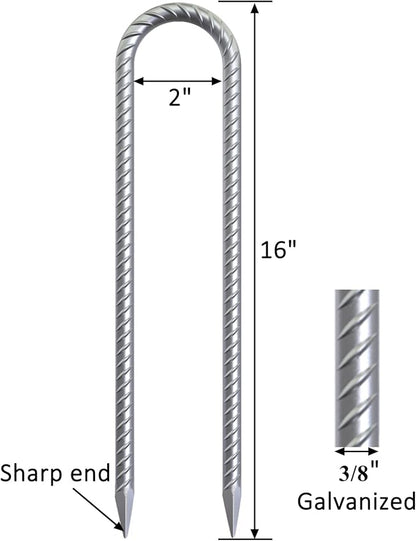 Trampoline Wind Stakes 16 Inch, 3/8" Diameter Heavy Duty U Shaped Rebar Tent Fence Stakes for Ground, Galvanized Trampoline Tie Down Anchor Kit 8 Pack