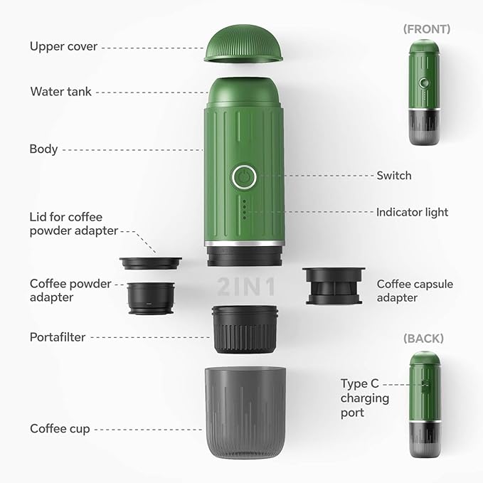Portable Espresso Machine with 3-4 Min Self-heating, 12V Rechargeable Electric Coffee Machine Compatible with NS Capsules and Ground Coffee for Car Camping Travelling, Green