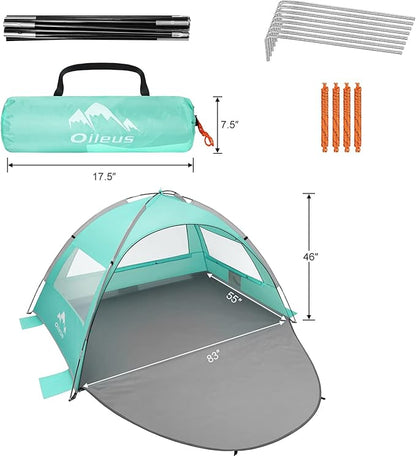 Oileus Beach Tent 2-3 Person Portable Sun Shade Shelter UV Protection, Extended Floor Ventilating Mesh Roll Up Windows Carrying Bag Stakes 6 Sand Pockets Fishing Hiking Camping, Light Green