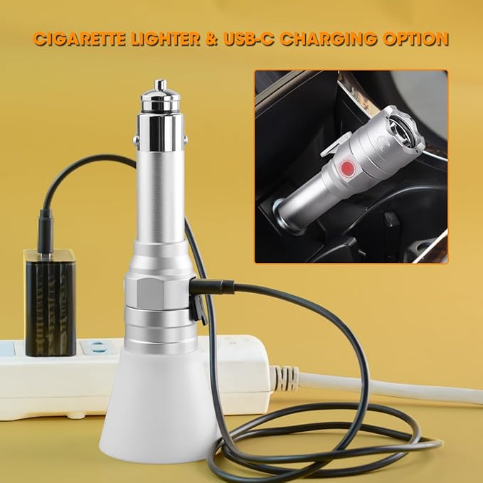 Small Flashlight Rechargeable with Diffuser 12 Volt Car Cigarette Lighter & USB C Charge for Auto Vehicles Emergency, Car Escape, Outdoors, Daily Use