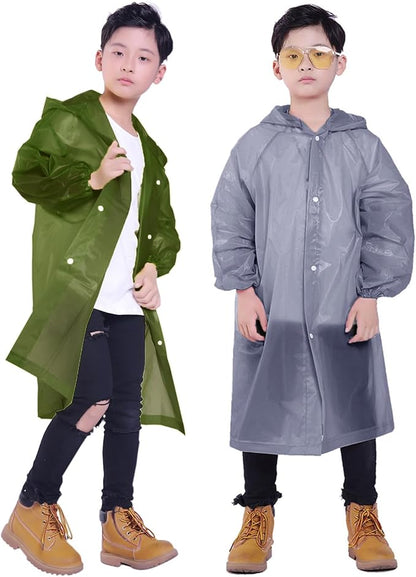 2 Pack Rain Ponchos for Kids, Reusable Kids Rain Jacket with Hood Waterproof Raincoats for Boys and Girls