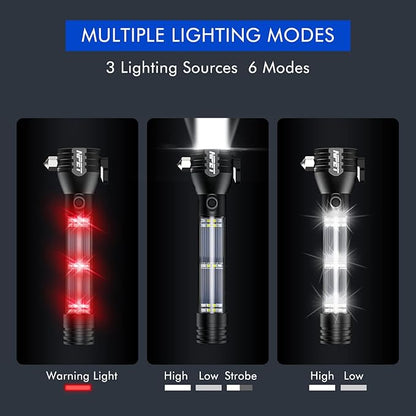 NPET T09 Solar Flashlight Car Flashlight 268 Lumens LED COB Light USB Rechargeable Tactical Multi-Function Torch Tool with Window Breaker Seat Belt Cutter Compass (T09-2pack)